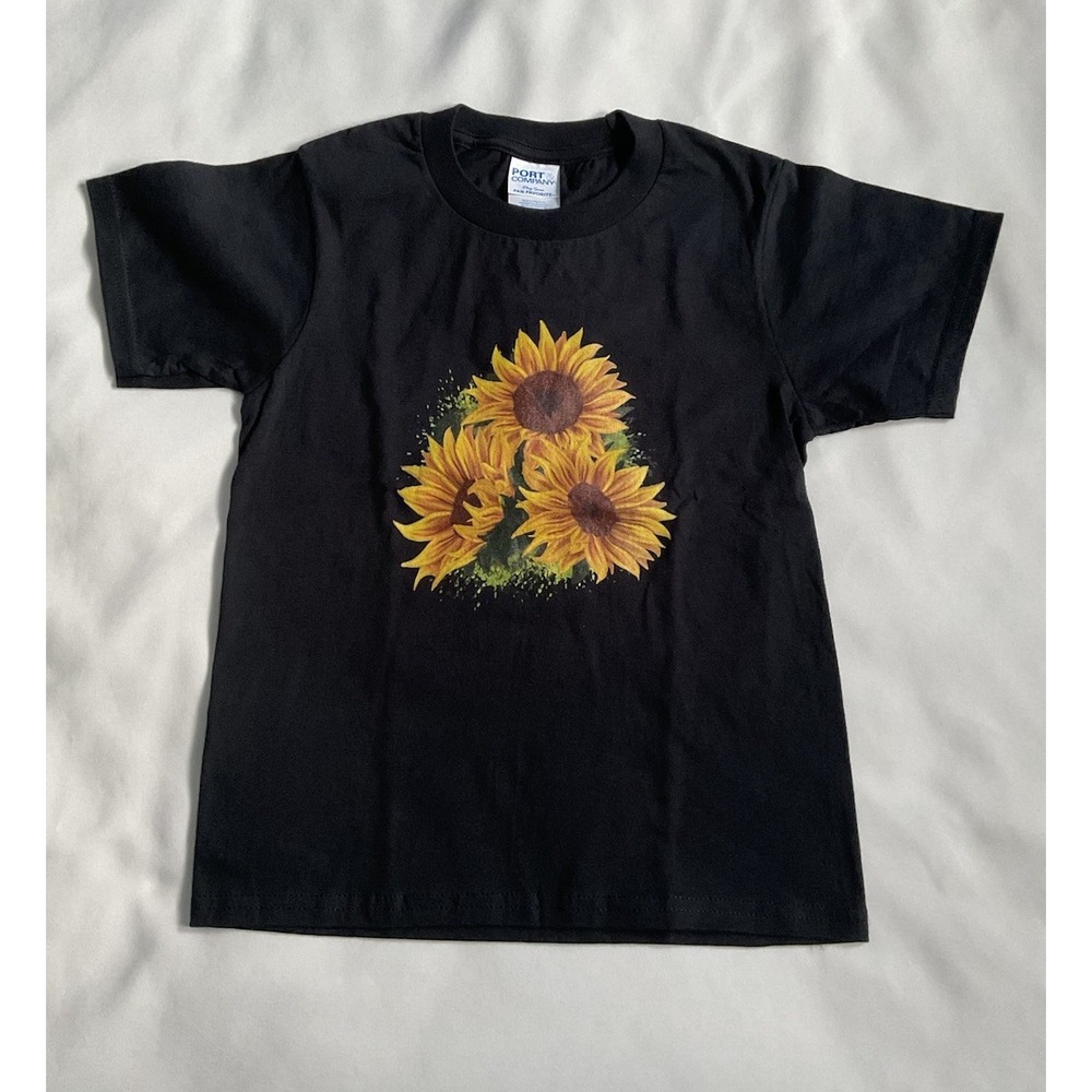 Port & Company Girls Yellow Sun Flowers Floral T- Chirt Black Size XS